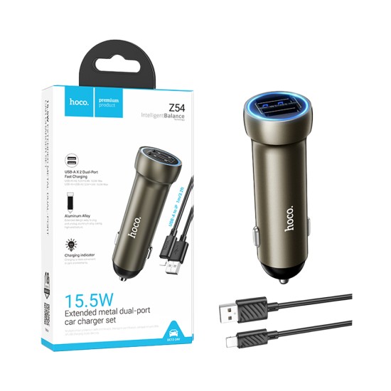 Carregador de Carro Hoco Z54 Prosperous 2 Portas USB 15,5W con cabo Lightning 1m Dourado Carregador de Carro Hoco Z54 Prosperous 2 Portas USB 15,5W con cabo Lightning 1m Dourado