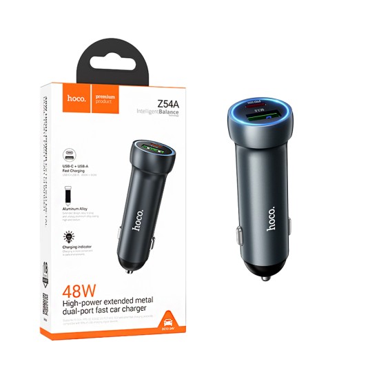 Carregador de Carro Hoco Z54A Prosperous 2 Portas USB+Tipo-C PD48W Cinza Metalizado