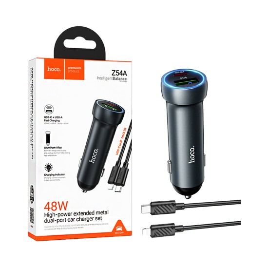 Carregador de Carro Hoco Z54A Prosperous 2 Portas USB+Tipo-C PD48W com cabo Tipo C para Lightning 1m Cinza Metalizado