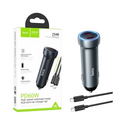 Carregador de Carro Hoco Z54B Prosperous 2 Portas Tipo-C PD60W com cabo tipo C para tipo C 1m Cinza Metalizado Carregador de Carro Hoco Z54B Prosperous 2 Portas Tipo-C PD60W com cabo tipo C para tipo C 1m Cinza Metalizado