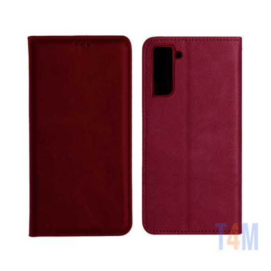 Funda Abatible de Cuero con Bolsillo Interno para Samsung Galaxy S21 FE Rojo