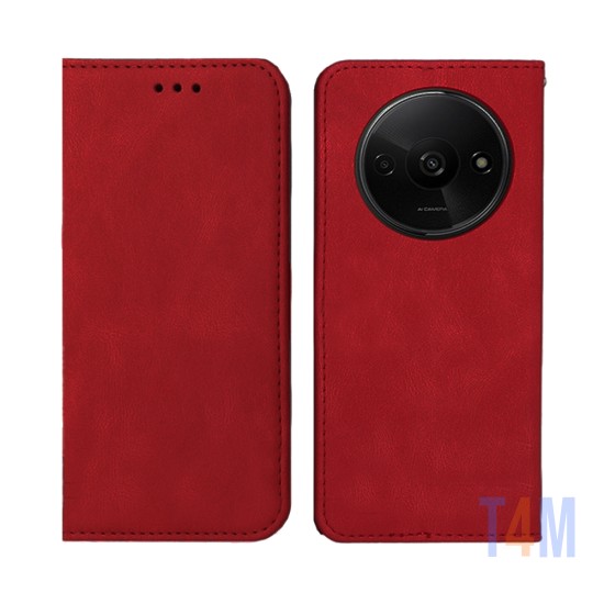 Capa Flip de Couro com Bolso Interno para Xiaomi Redmi A3 Vermelho