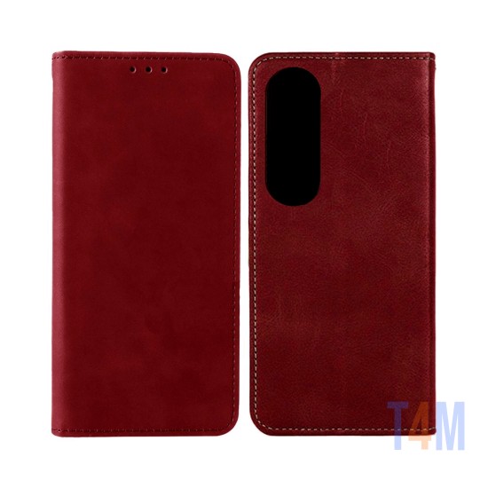 Capa de Couro com Bolso Interno para Oppo A60 Vermehlo