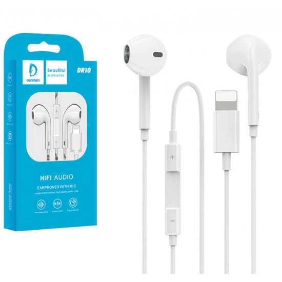 Denmen Hifi Audio Eaephones With Mic Lightning  Dr10 White